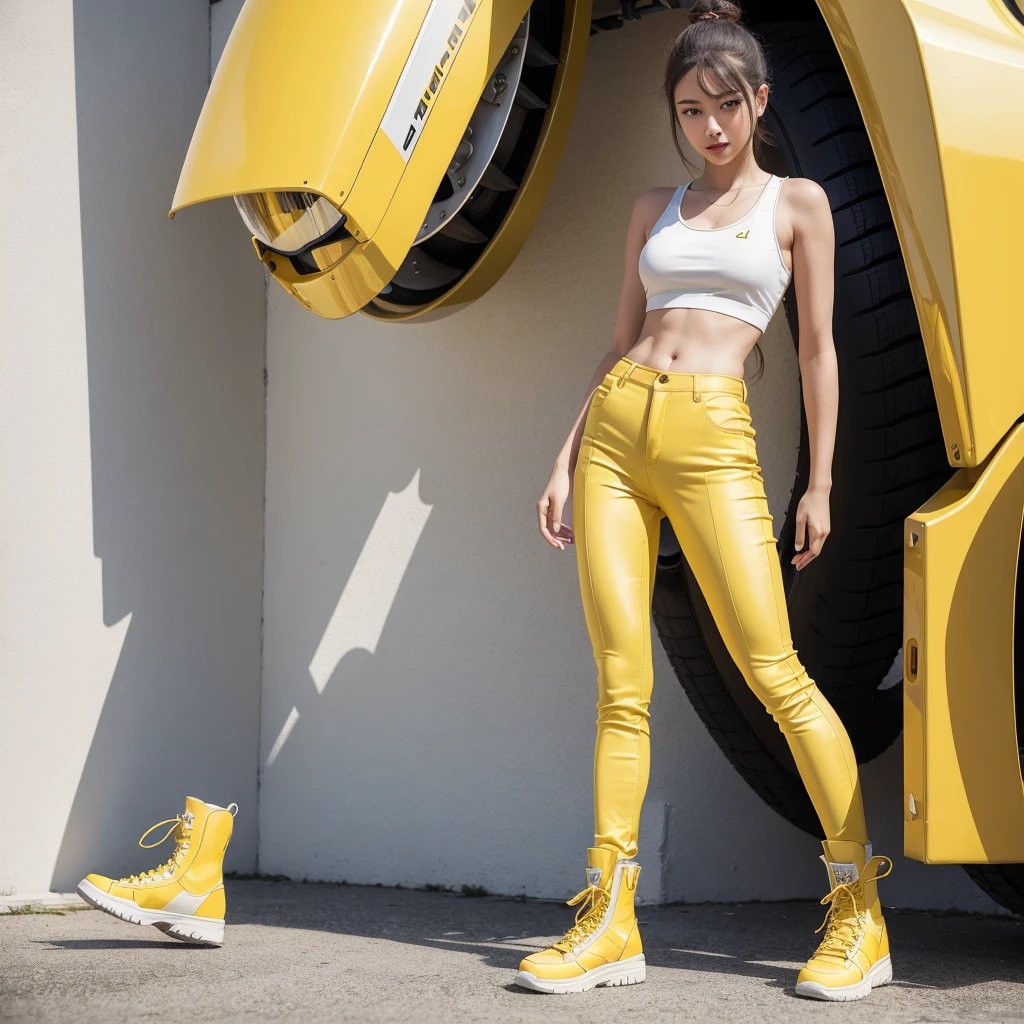 ((best qualityer)), ((work of art)), (detailded), 1 yellow robot, wearing a yellow tank top, white boot, yellow pants, White background,