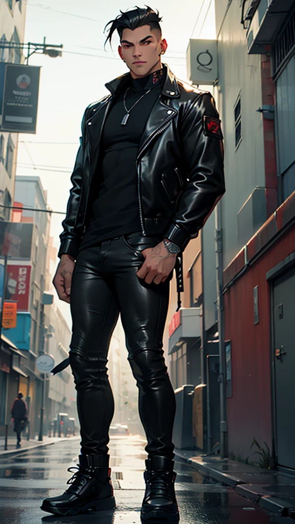 "Generate an image of a confident, muscular young man standing in a modern city street at dusk. He has short, tousled black hair with a slight undercut and piercing red eyes. He is wearing a form-fitting black t-shirt, a red leather biker jacket, and tight black leather pants. At abandoned building, tied up, with a moody, urban atmosphere. The man exudes a cool, edgy vibe."