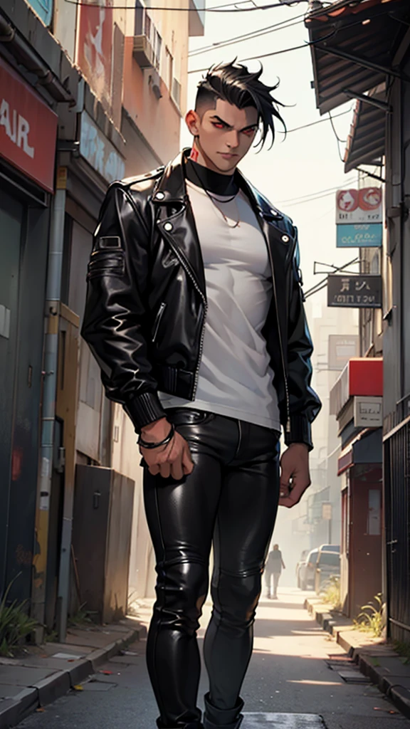 A boy in a motorcycle suit, 27years old, With blue eyes, Round glasses, Brown hair, Short hair, A haggard face,The upper part of the body, and naked(showing his full length dick), In the city.