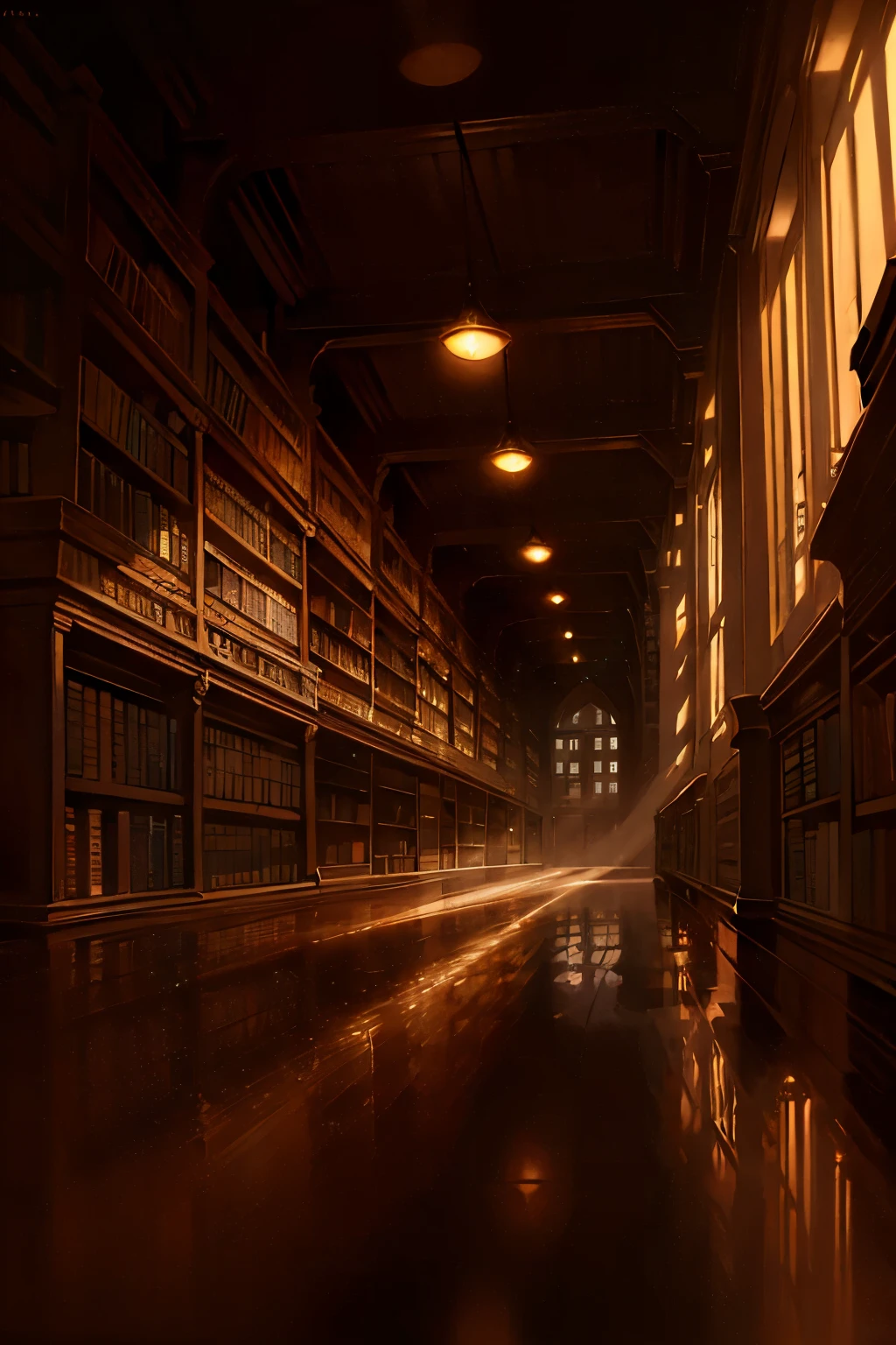 High-Quality Photographic Background, Library Setting, Horizontal Perspective, Shadowy Ambience, Abandoned Atmosphere, Booksellers Only, Monochromatic Tone, Foggy Glass Windows, Yellowish Lighting, (Vintage Architecture: 0.8), (Book-lined shelves: 1.2), (Reflections on the floor: 1.1), (Emptiness and solitude: 1.0) - a black and white photograph of a deserted library in the evening, with foggy windows and book-lined shelves casting long shadows. The yellowish light seeps in from the outside, casting an eerie atmosphere on the empty shelves. This photograph captures