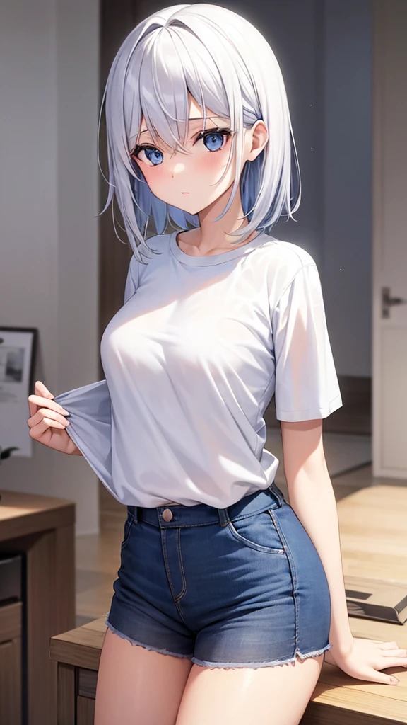 A woman with silver bob hair and blue eyes, wearing white T-shirt, wearing short pants , gazing condescendingly at the viewer with a cute grinning expression, extremely detailed and realistic, masterpiece quality, ultra-detailed, HDR, studio lighting, vivid colors, physically-based rendering, thick muscular thighs, beautiful muscular thighs, school girl, attractive buttocks