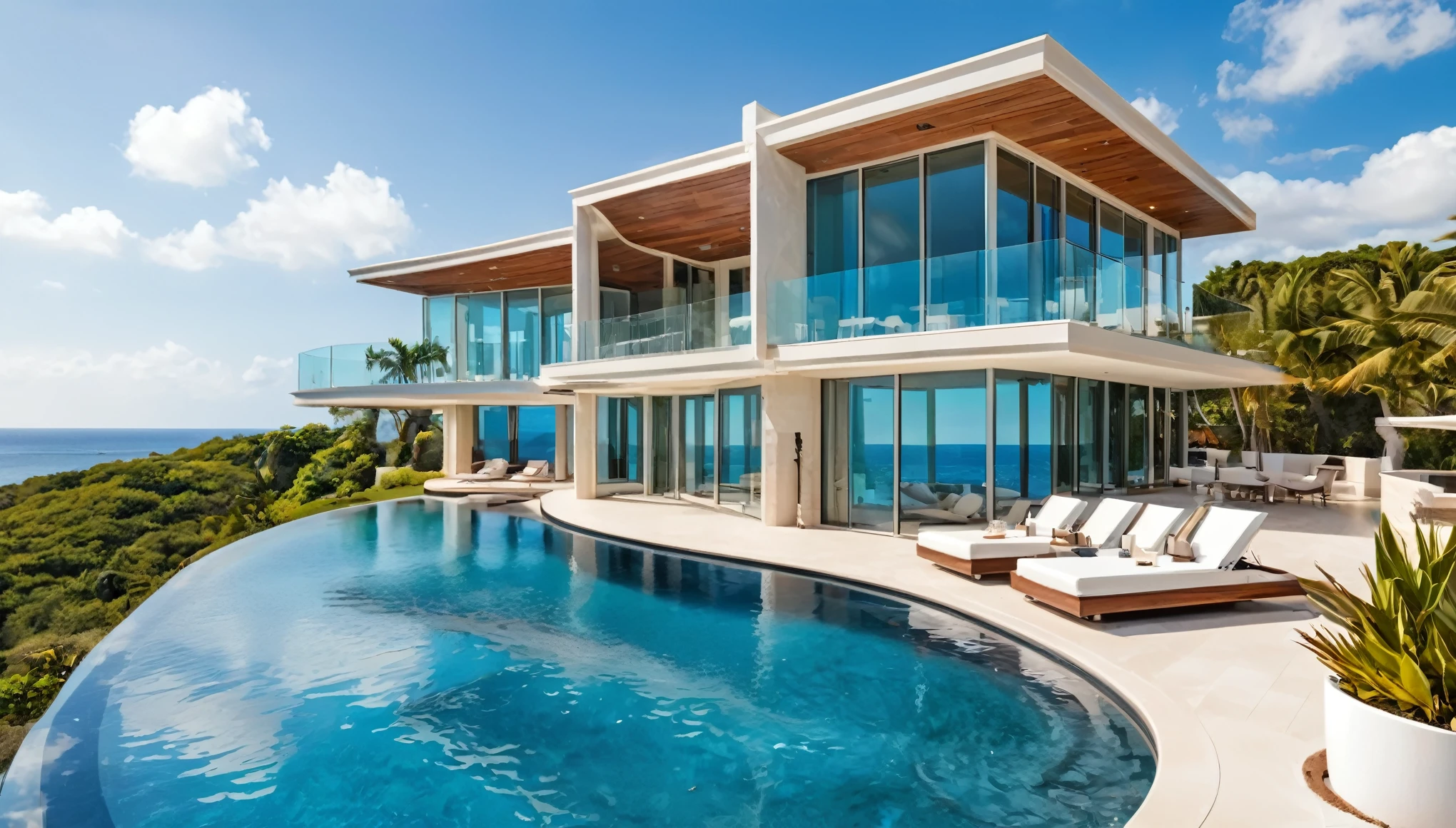 A modern luxury mansion with an infinity pool overlooking the ocean, floor-to-ceiling windows, and a sleek, luxury interior design. 
