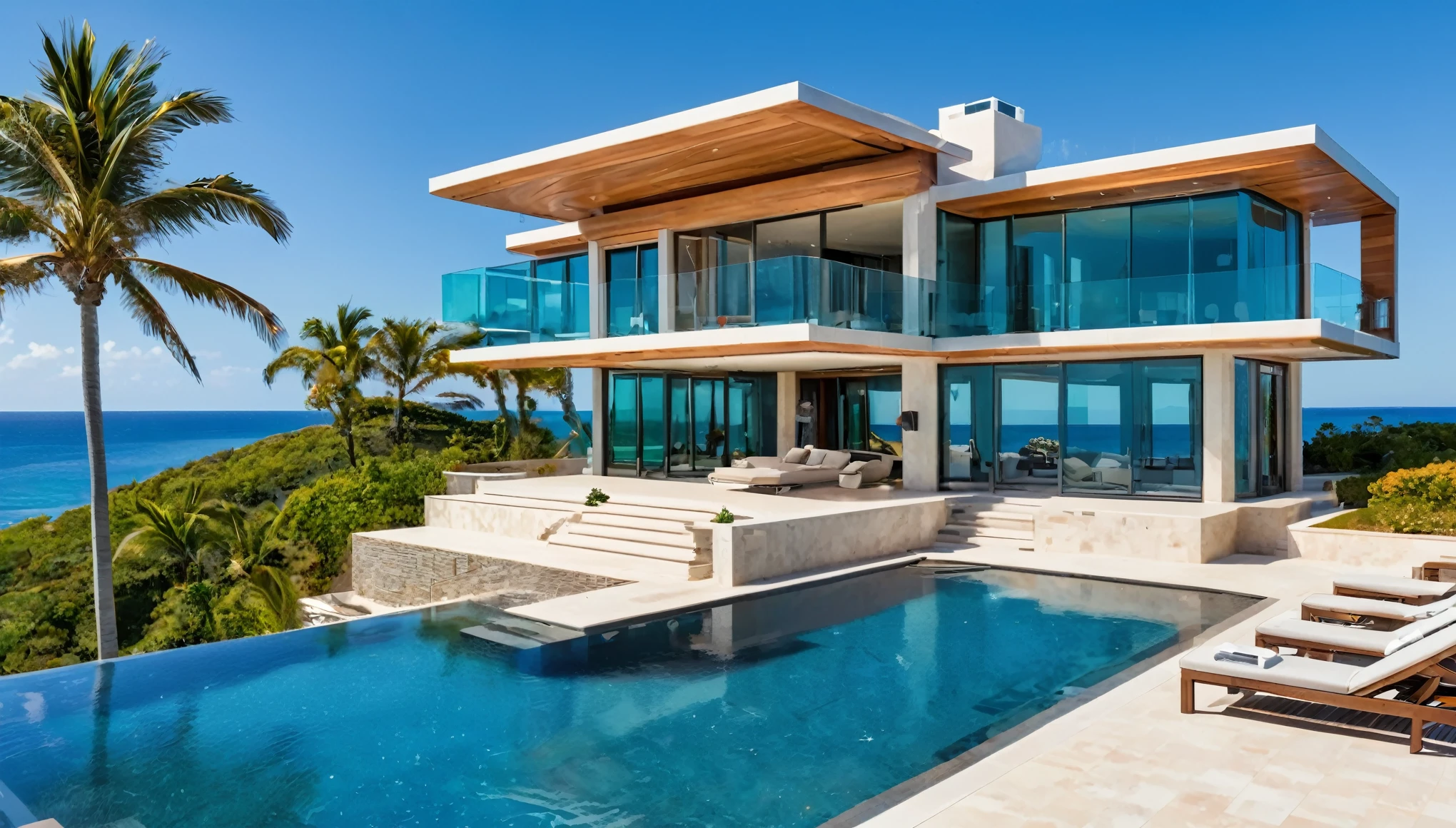 A modern luxury mansion with an infinity pool overlooking the ocean, floor-to-ceiling windows, and a sleek, luxury interior design. 