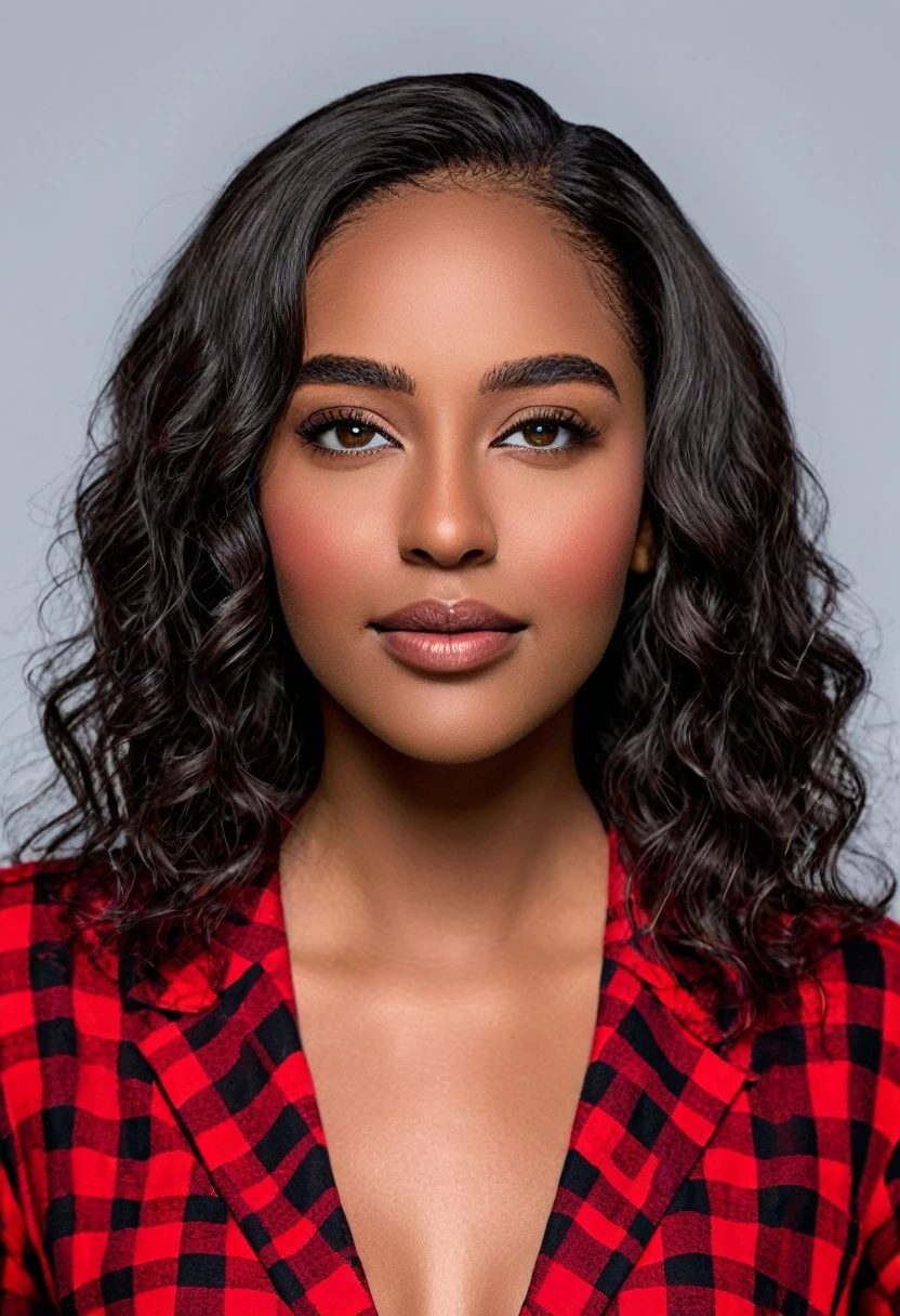 Pose for photo: A beautiful woman, beautiful Latin face, young Brazilian Nyvi Estephan, Brazilian supermodel, serene and elegant beauty, Angolan descent, young adult 30 years old, nerdy woman, tall woman, a stunning black woman, with indigenous features, beautiful indigenous girl, native Brazilian, ((An indigenous African girl with European ebony)), ((her beauty is undeniable)), beautiful young ebony girl with dark skin, tanned Mexican, black hair with brown highlights, black curly hair with brown highlights, Black voluminous hair with brown highlights, vibrant and dynamic cut with soft waves can add a modern and stylish touch. has an exotic beauty with beautiful green eyes, green realistic eyes, bright green eyes, ultra detailed green eyes, ultra realistic green eyes, natural green eyes, ultra detailed iris, perfect eyes, perfect iris, hyper realistic eyes, eyeliner, long eyelashes and defined, penetrating gaze that conveys confidence, striking, powerful expression, strong presence, striking makeup, red lipstick, full red lips, voluminous red lips, seductive lips, captivating, striking, unforgettable, dazzling, mischievous smile, wide smile, your features are captivating , subtle smile on the lips, beautiful and detailed face, detailed skin texture, Notice her perfectly shaped eyebrows, which arch gracefully above her eyes, small nose that is proportionate to her face, and soft contour of her face that accentuates her high cheekbones . Beautiful and glowing skin, intricate details, smooth skin, healthy and radiant appearance, Attractive slim woman, Average bust, Average and beautiful breasts, athletic physique, flat stomach, slim waist, huge hips, wide hips, big ass, thick thighs, legs shapely concept art. She wears a red and black plaid shirt with long sleeves, a short black latex skirt and long black knee-high boots. 3D 4k, high resolution, full sharpness photo realistic, breathtaking, Lentille nette, Photographie professionnelle, Objectif 70mm, Unreal Engine 5,