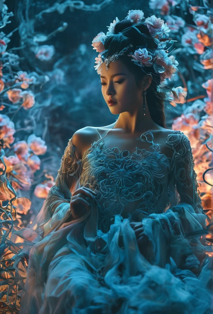 fullbody Photography of female swordmatomically correct,Raw, cinematic shot, (sharp focus:1.5), (photorealistic:1.4), twilight lighting, volumetric lighting, ultra high res, 16K,dramatic lighting, abstract backgrounds：1.5）（zentangle，datura，Tangles，entangled：0.7） , depth of field, Fantastical Atmosphere, The most beautiful form of chaos, ellegance, Dark theme of Fauvist design, Flower of Death, Flowers of ecstasy，Glowing Line,Glow Example，Tracking example，flash， Backlight，translucent，light particles，jade，xianxia