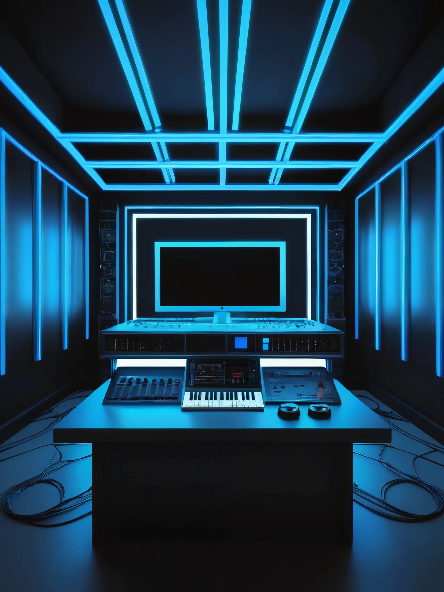 music producer studio, empty room, con neones bluees, infernal themed futuristic background image, cables hell neon, symmetrical image, hell, White wall, negro, blue