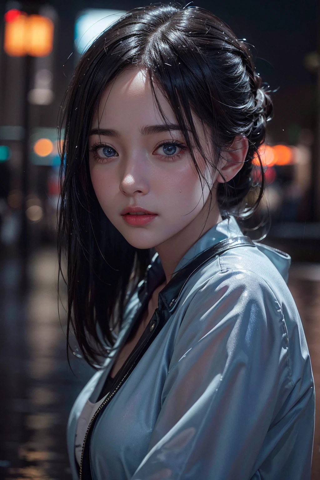 20-year-old surreal idol, ultra-thin sleeveless long dress, nipple ring, smiling smile, Cape Fur Cuts, Walking without noticing the camera, City under heavy rain, wet from the rain, wet clothes stuck to the body, RAW,(8k, Best Quality, Masterpiece: 1.2),(intricate detail: 1.4),(photorealistic:1.4),Octane representation, Complex 3D rendering with ultra details, Soft studio light, rim light, vivid detail, super detail, realistic skin texture, face detail, Beautiful eye details, Highly detailed CG Unity 8k wallpaper, make up, (detailed background: 1.2),