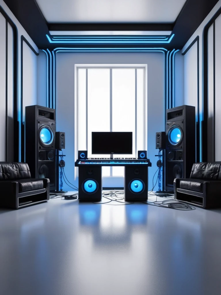 living room, music producer studio, living room vacía, con neones bluees, infernal themed futuristic background image, cables hell neon, symmetrical image, hell, White wall, negro, blue