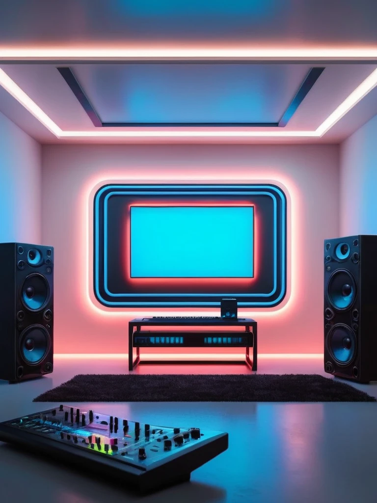 living room, music producer studio, living room vacía, con neones bluees, infernal themed futuristic background image, cables hell neon, symmetrical image, hell, White wall, negro, blue