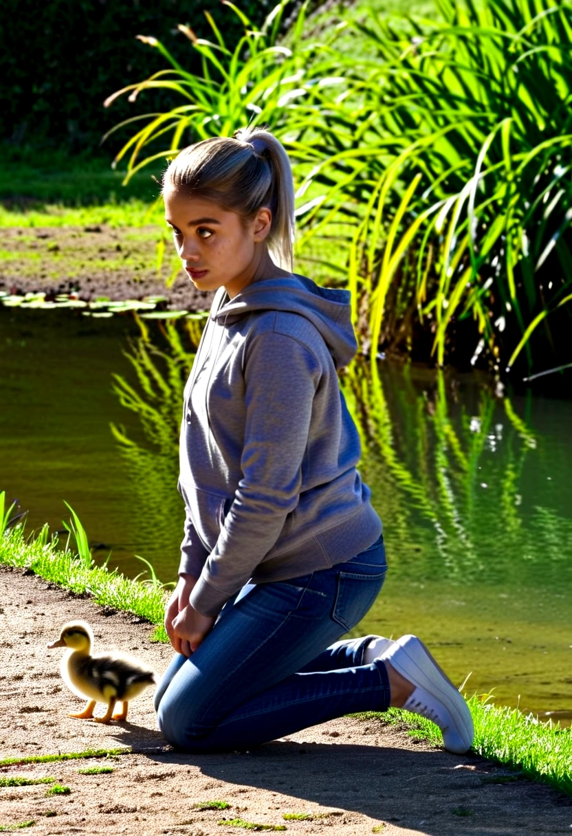 A young girl named Lily, with big eyes and a ponytail, wearing a hoodie and jeans, kneeling by a pond in the French countryside. The sun is shining, and lush greenery surrounds them. A small, gray duckling with a sad expression is near the water, struggling to keep up with other ducks.