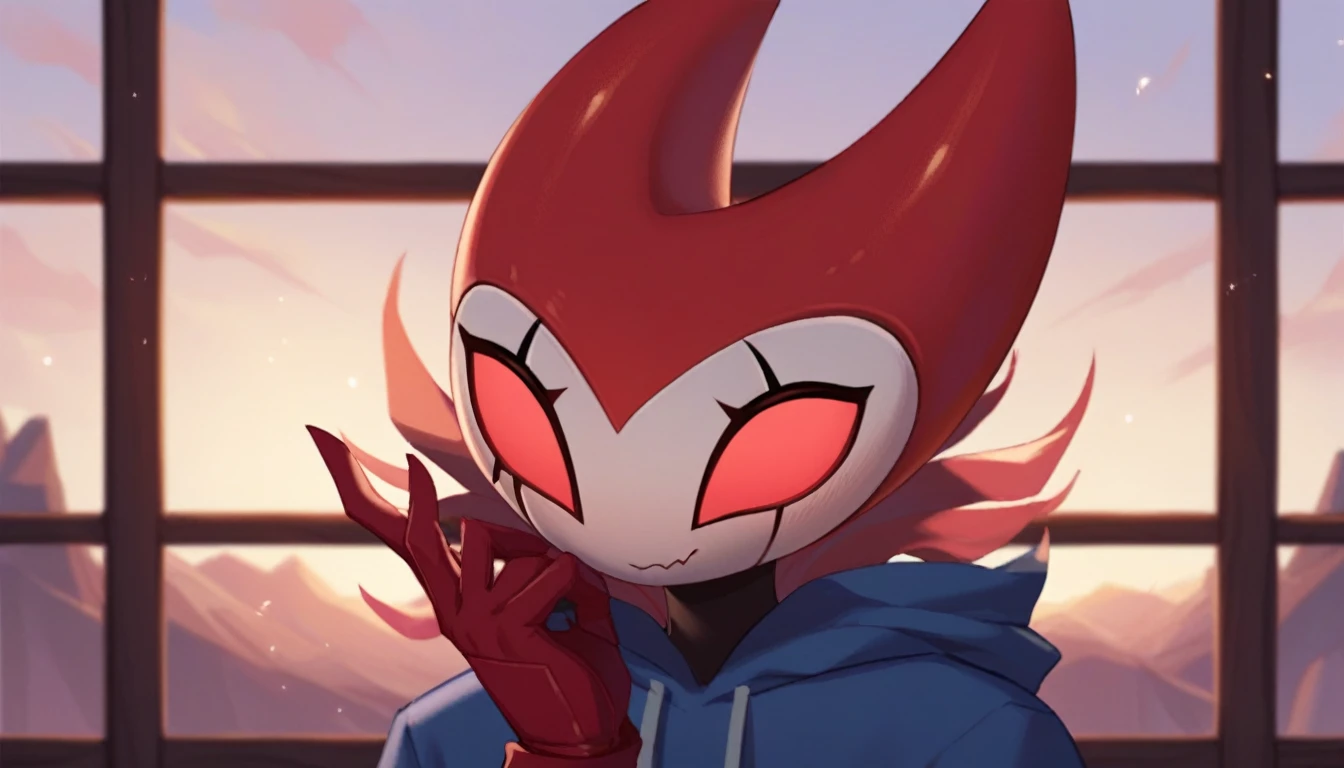 score_9, score_8_up, score_7_up, score_6_up, zPDXL2, grimm \(hollow knight\), vampire, bat, 1boy, solo, cute face, detailed eyes, portrait, anthro, blue large hoodie, red sports gloves, background, near the window, landscape, looking into nothing, only the upper part of the body
