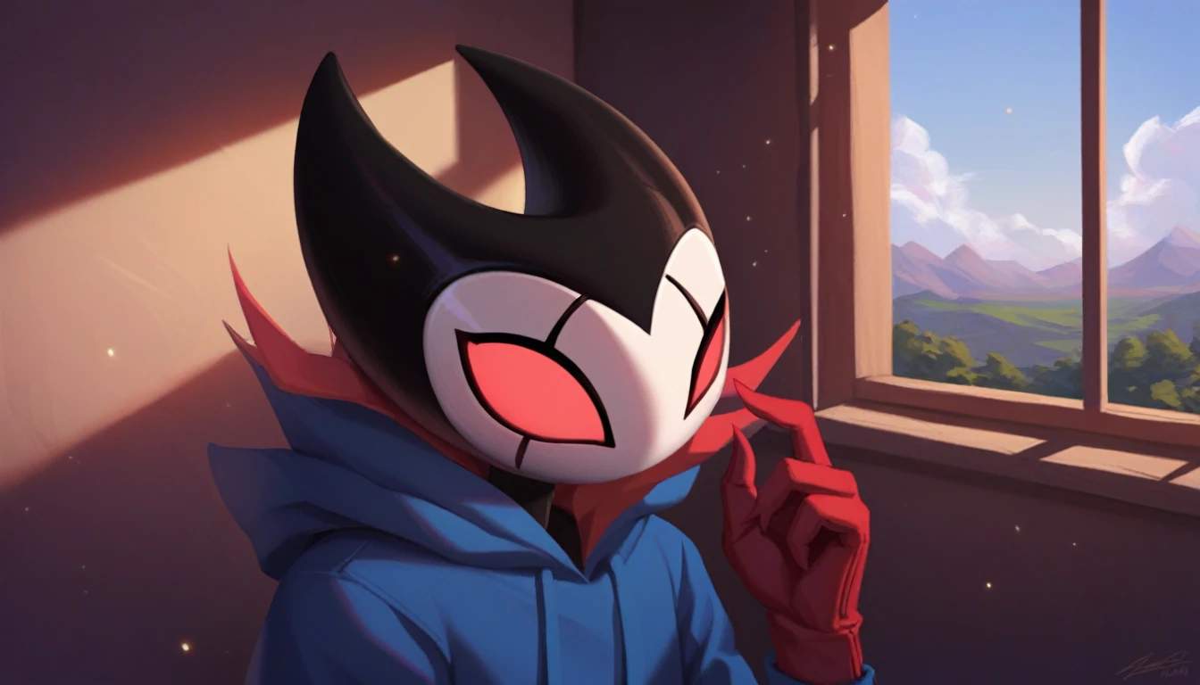 score_9, score_8_up, score_7_up, score_6_up, zPDXL2, grimm \(hollow knight\), vampire, bat, 1boy, solo, cute face, detailed eyes, portrait, anthro, blue large hoodie, red sports gloves, background, near the window, landscape, looking into nothing, only the upper part of the body