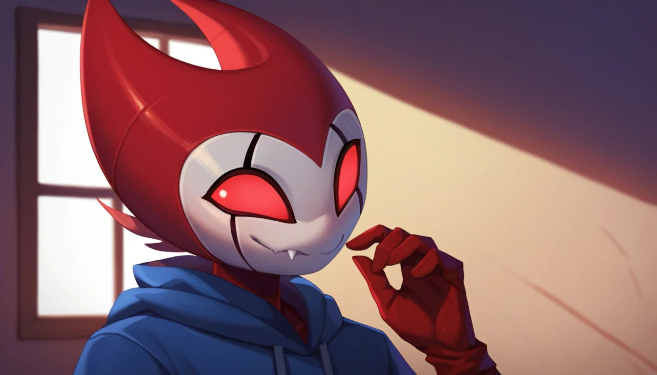 score_9, score_8_up, score_7_up, score_6_up, zPDXL2, grimm \(hollow knight\), vampire, bat, 1boy, solo, cute face, detailed eyes, portrait, anthro, blue large hoodie, red sports gloves, background, near the window, landscape, looking into nothing, only the upper part of the body