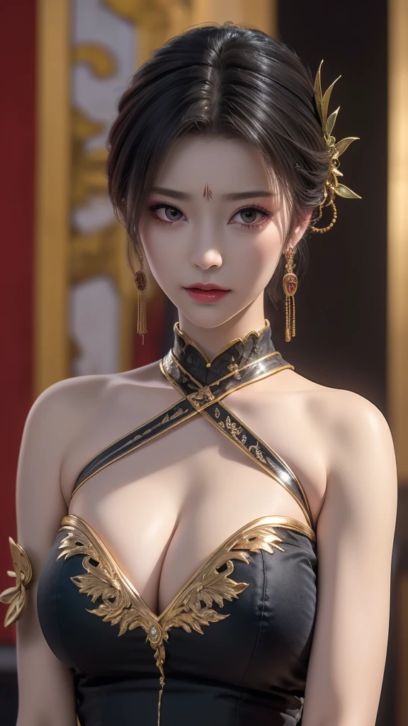 ((( n_2b, Large Breasts,With short white hair,Wearing a black eye patch,))),((masterpiece)),high resolution, ((best quality)),masterpiece,Top quality,Best quality,Exquisite facial features,Looking at the audience, Light and shadow intertwine,Huge breasts,White skin,Smiling,自信身穿白色中国cheongsam的女子特写, cheongsam,