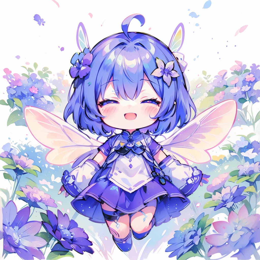Highest quality,masterpiece,Watercolor style,Chibi Character,Girl,Blue Hair,Long Hair,Purple eye fairy wings,(hydrangea),smile,joy