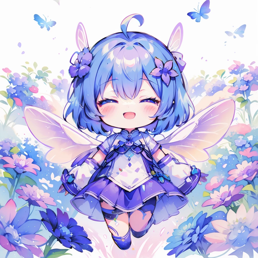 Highest quality,masterpiece,Watercolor style,Chibi Character,Girl,Blue Hair,Long Hair,Purple eye fairy wings,(hydrangea),smile,joy