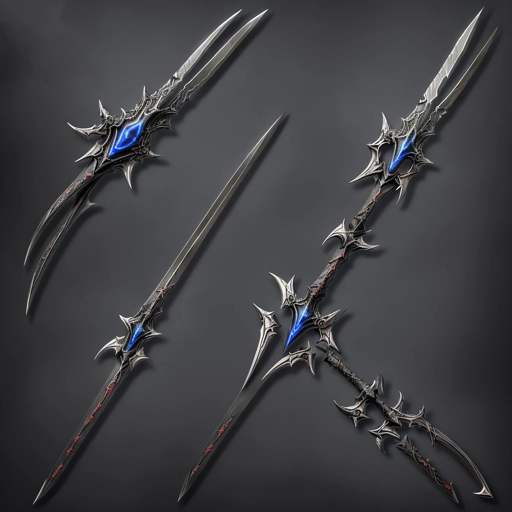 fantasysword sword of ice magic, (realistic styled by karol bak : 1.4). complex ornate background, sharp focus, masterpiece, (RAW photo, fashion: 1.3), intricate and detailed. a colossal pair of scissors, much larger than any common scissors, with razor-sharp scarlet red blades that seem to almost pulse with a sinister energy. The edges of the blades are adorned with intricate black detailing, like tribal patterns or ancient runes, which give the weapon an even more threatening appearance.The handle of the scissors is made of a material as black as night., maybe a dark metal or a magical wood, and is carved with shadowy figures and ornamentation reminiscent of gargoyles or mystical creatures. The handle design is ergonomic, allowing the user to handle it with surprising ease despite its imposing size.Aura:The scissors emanate a dark and intimidating aura. A dark, turbulent mist seems to envelop the blades, occasionally releasing sparks of dark energy.