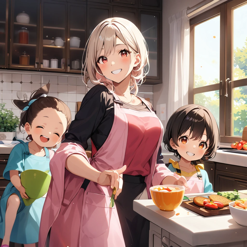 A confident smile, Home kitchen with large windows,Smiling children and their mothers、I&#39;m cooking、While speaking, he demonstrates a gesture that is often associated with the peace sign.（From teleDEAL）, skirt, Black Hair, indoor, smartphone, shirt, ((((Complete faithful finger))))