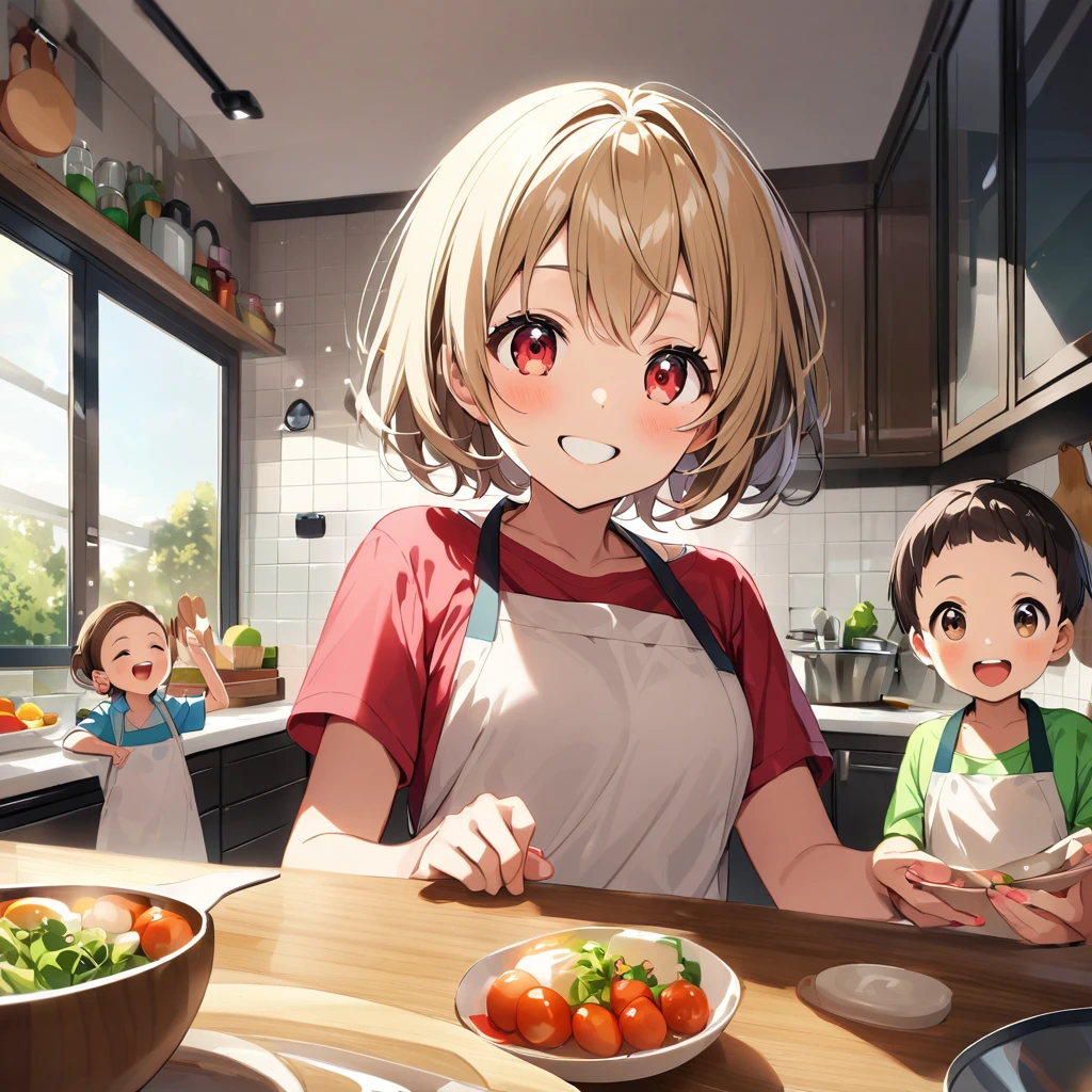 A confident smile, Home kitchen with large windows,Smiling children and their mothers、I'm cooking、While speaking, he demonstrates a gesture that is often associated with the peace sign.(From teleDEAL), skirt, Black Hair, indoor, smartphone, shirt, ((((Complete faithful finger))))