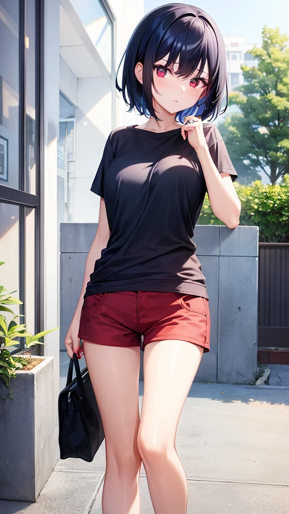 A girl with short dark blue hair with red eyes and a t-shirt and shorts in a modern apartment