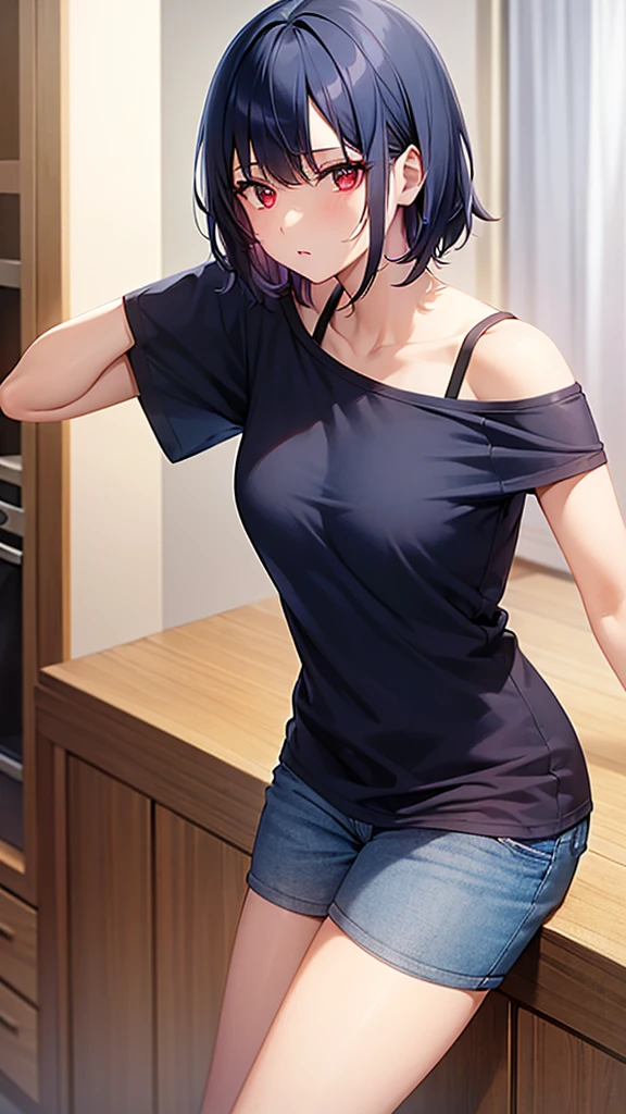 (masterpiece, best quality), intricate details, shizukazom100, 1girl, dark purple hair, short hair, bangs, purple eyes, hair ornament, hairclip, medium breasts, tank top, navel, cleavage, midriff, collarbone, shorts, panties aside, dynamic pose, cowboy shot, looking at viewer, indoors, bottom less, sex, 1 boy, armpits, vaginal, nsfw:1.5