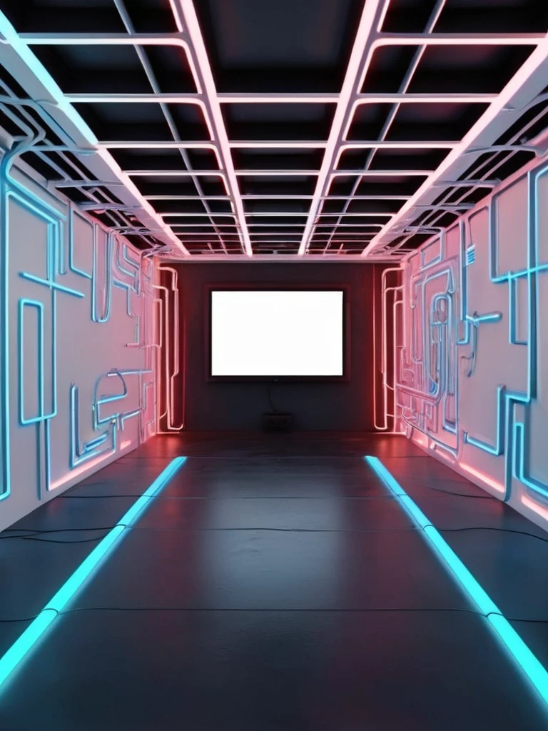 empty room, webcam view, pared, Futuristic background image with hell theme., cables hell neon, symmetrical image, hell, White wall, negro, Blue, techno music production studio