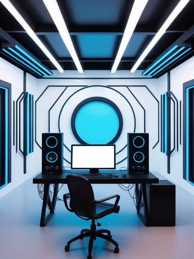 empty room, webcam view, pared, Futuristic background image with hell theme., cables hell neon, symmetrical image, hell, White wall, negro, Blue, techno music production studio