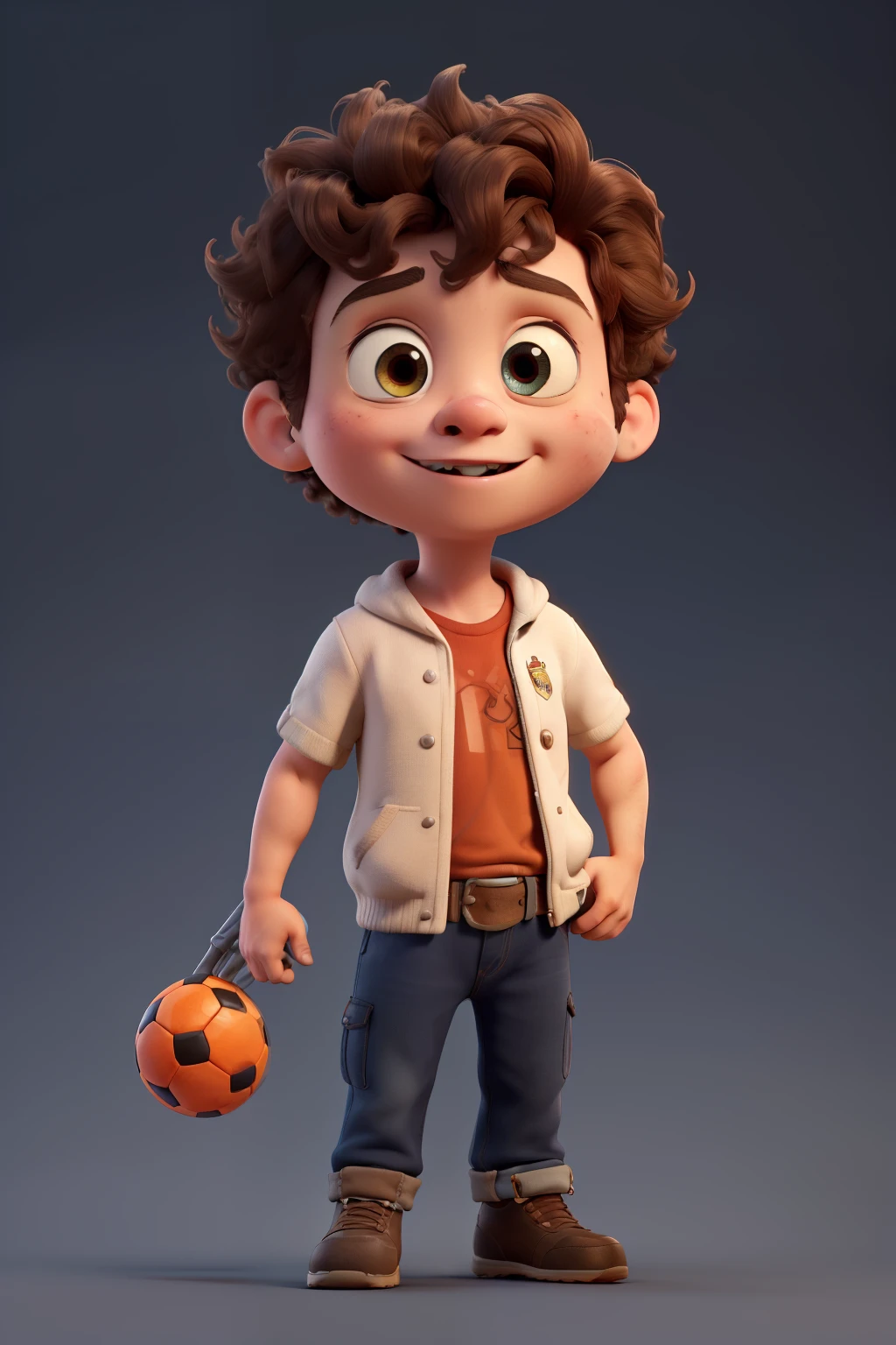 3d character, a little boy wearing real madrid clothing, body builder, light brown curly hair, eyes browns, beautiful big circular reflective eyes, kicking a soccer ball, orange football boot, (film composition), (Pixar-style:1.2), (CGI animation: 1.2), (Disney: 1.2), (animated cartoon: 0.2), (best qualityer, work of art, 4K, ultra detaild, sharp focus, 8K, High definition:1.2), (cf. Danny Mac 3D, por Follygon), (work of art: 1.2), absurderes
