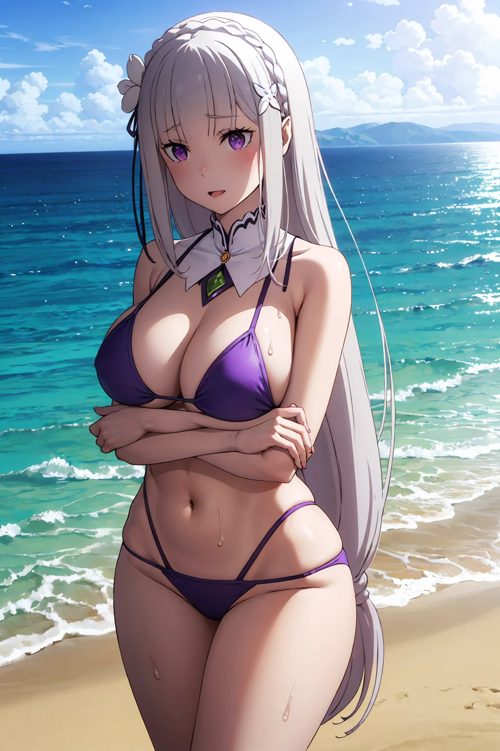 Emilia, white hair, posing, big breasts, sexy, beach, thick thighs, hot, thin bikini, wet, curvy, leaning, naughty, horny, g-string, hair flower, hair ornament, purple eyes, anime 