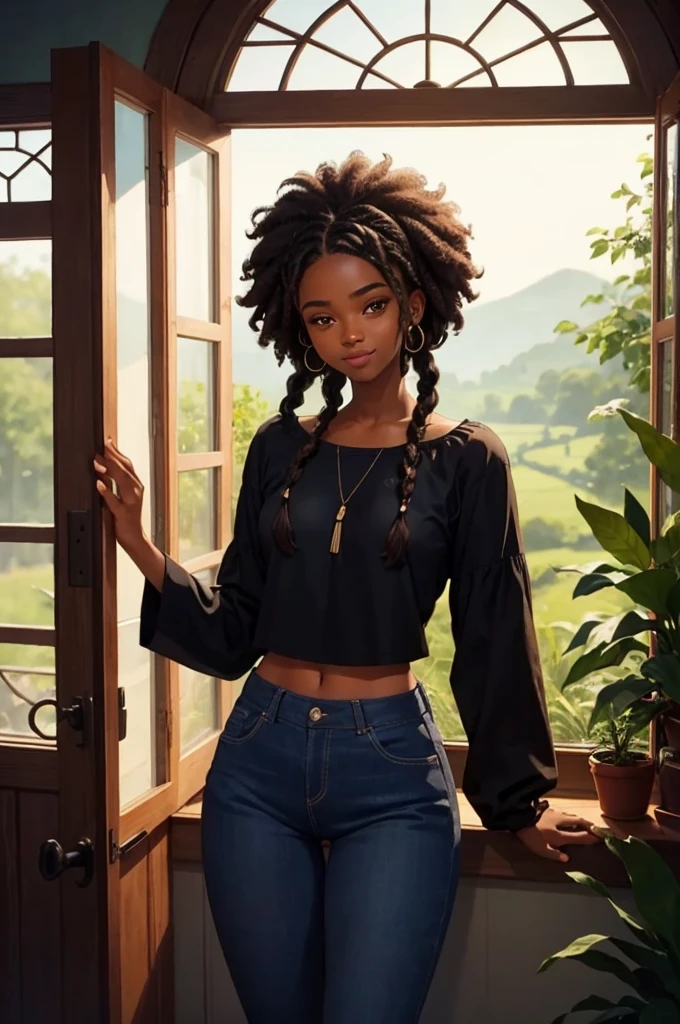 very dark-skinned Black girl, afro braided hair, wide jeans and loose fitting top, standing by the window, big nature view, smiling, waving at the viewer, delicate and elegant. cozy room with plants and books. By window with big countryside view. stylish fashion, best quality, realistic, masterpiece