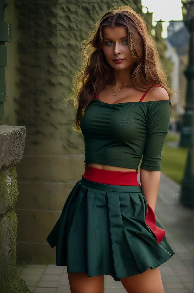 wife, Lithuania, debout, ((full body)), bionde, (((she wears a dark green top and red skirt))), smirk, ((in the city of Vilnius)) Pretty face, beau corps, ((( grande place de Vilnius)))