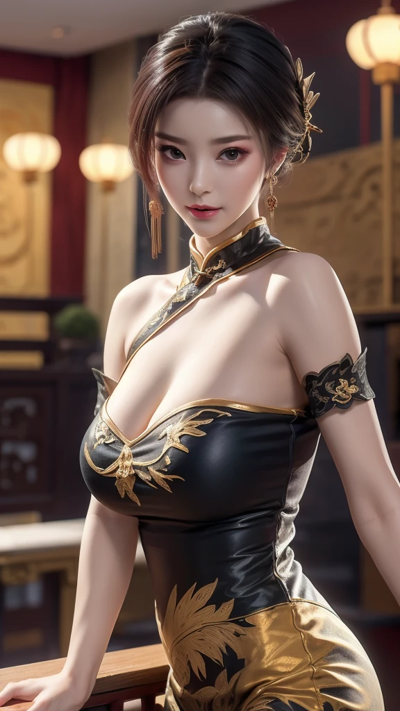 （（（ n_2b, Large Breasts，With short white hair，Wearing a black eye patch，））），((masterpiece)),high resolution, ((best quality))，masterpiece，Top quality，Best quality，Exquisite facial features，Looking at the audience, Light and shadow intertwine，Huge breasts，White skin，Smiling，自信身穿白色中国cheongsam的女子特写, cheongsam,White legs 