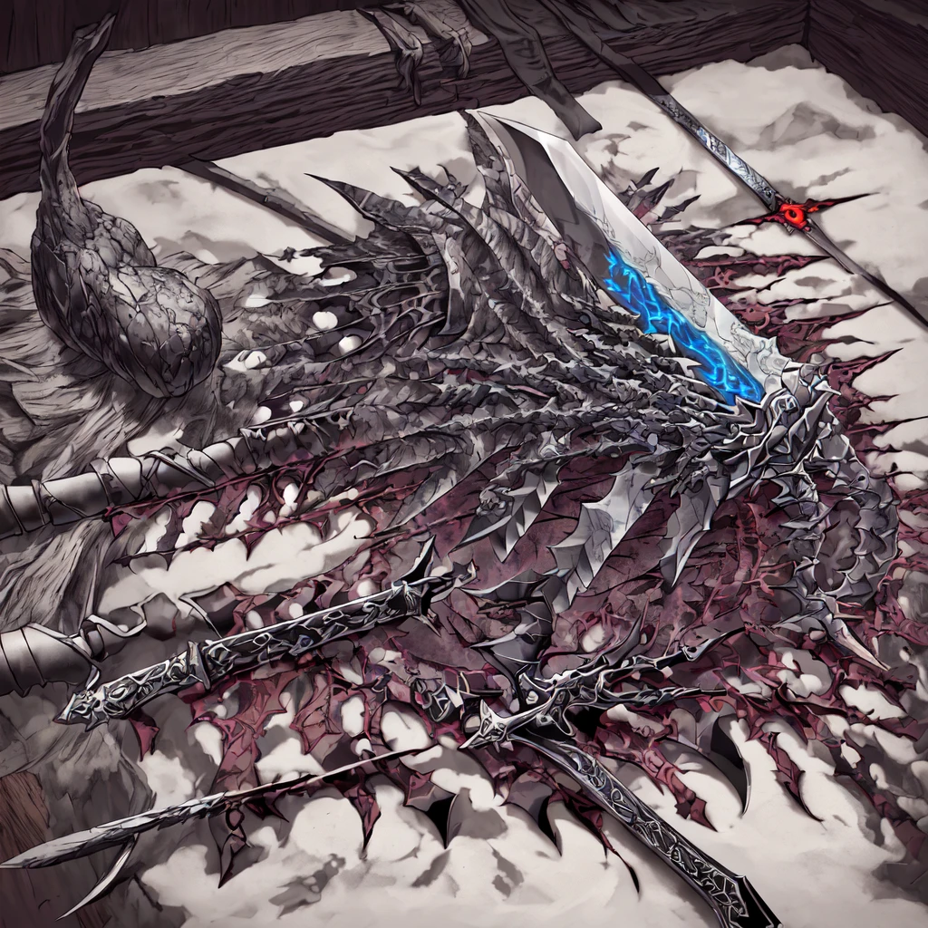 fantasysword sword of ice magic, (realistic styled by karol bak : 1.4). complex ornate background, sharp focus, masterpiece, (RAW photo, fashion: 1.3), intricate and detailed. a colossal pair of scissors, much larger than any common scissors, with razor-sharp scarlet red blades that seem to almost pulse with a sinister energy. The edges of the blades are adorned with intricate black detailing, like tribal patterns or ancient runes, which give the weapon an even more threatening appearance.The handle of the scissors is made of a material as black as night., maybe a dark metal or a magical wood, and is carved with shadowy figures and ornamentation reminiscent of gargoyles or mystical creatures. The handle design is ergonomic, allowing the user to handle it with surprising ease despite its imposing size.Aura:The scissors emanate a dark and intimidating aura. A dark, turbulent mist seems to envelop the blades, occasionally releasing sparks of dark energy.