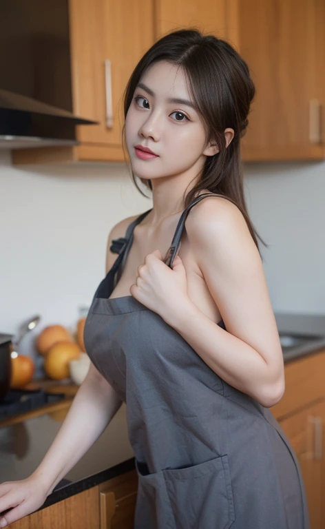 (masterpiece:1.1, Best Quality:1.1, 32K HDR, High resolution), (1girl in, Solo), Very realistic portrait of a woman, mature, A MILF , realistic hairstyle, Black hair, updo hair, Dango Hair, Apron yellow, Nude apron, earrings, giant cleavage, Colossal, Big breasts, busty, Spilling nipples, Kitchen, Perfect slim body: 1.1), highly detailed face, detailed eyes, realistic skin texture, detailed skin description detailed,