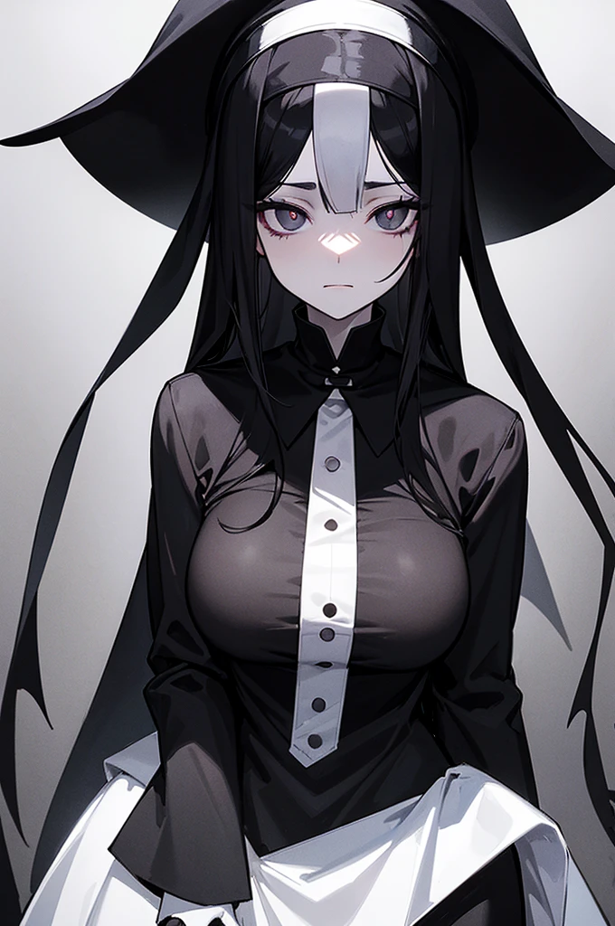 arafed image of a nun with a black dress, tired and haunted expression, an evil nun, haunted expression, creepy pose, grim expression, haunted, scary pose, eerie and grim art style, tired haunted expression, vampire nun, madeline from celeste, creepy!!, ((best quality)), ((masterpiece)), (detailed), 1girl, [[[nun black clothing]]], anime drawing of a woman with a very large breast and a very long black hair, desaturated!!, cel - shaded art style, cel shaded!!!, desaturated!, [[[[grinning evily]]]], creepy!!, unknown artstyle, pale young girl, sketchy artstyle, creepy!!!, haunted expression, sinister pose, black pupils, black clothing, black nun clothes, black straighthair, extra pale skin, black gloves, red iris!, Black hair!!, deep [[[red iris]]], White skin, all [[black clothing]], Portrait, [[[[Black hair]]]], serious expression, Black pupils!!!, dark background, (detailed), 1girl, [[[nun black clothing]]], anime drawing of a woman with a very large breast and a very long black hair, desaturated!!, cel - shaded art style, cel shaded!!!, desaturated!, [[[[grinning evilly]]]], creepy!!, [[[no cleavage]]], unknown artstyle, pale young girl, sketchy artstyle, creepy!!!, haunted expression, sinister pose, white pupils, black clothing, black nun clothes, black straight hair, extra pale skin, black gloves, black iris!, Black hair!!, deep [[[black iris]]], White skin, all [[black clothing]], Portrait, [[[[Black hair]]]], serious expression, white pupils!!!, dark background, Black clothes and hair!!!, black eyes with white pupils!!!!, black iris, a close up of a nun with a black and white outfit, an evil nun, nun, nun outfit, nun fashion model, female anime character, white haired deity, gapmoe yandere grimdark, portrait gapmoe yandere grimdark, portrait n - 9, [[[no cleavage black clothes]]], black hair, black hair, black hair, black hair, long hair, ((best quality)), ((masterpiece))