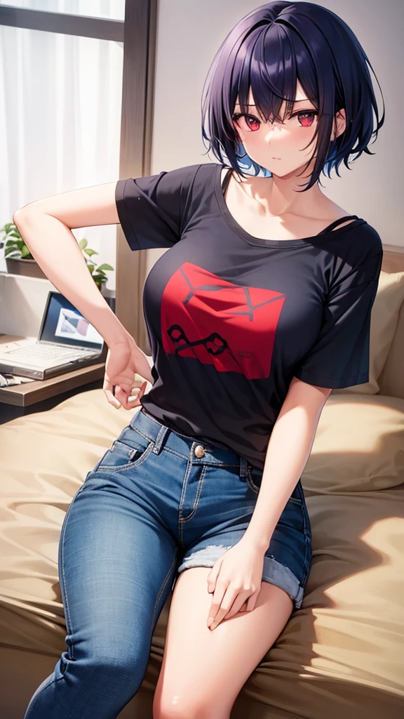 A girl with short dark blue hair with red eyes and a t-shirt and shorts in a modern apartment