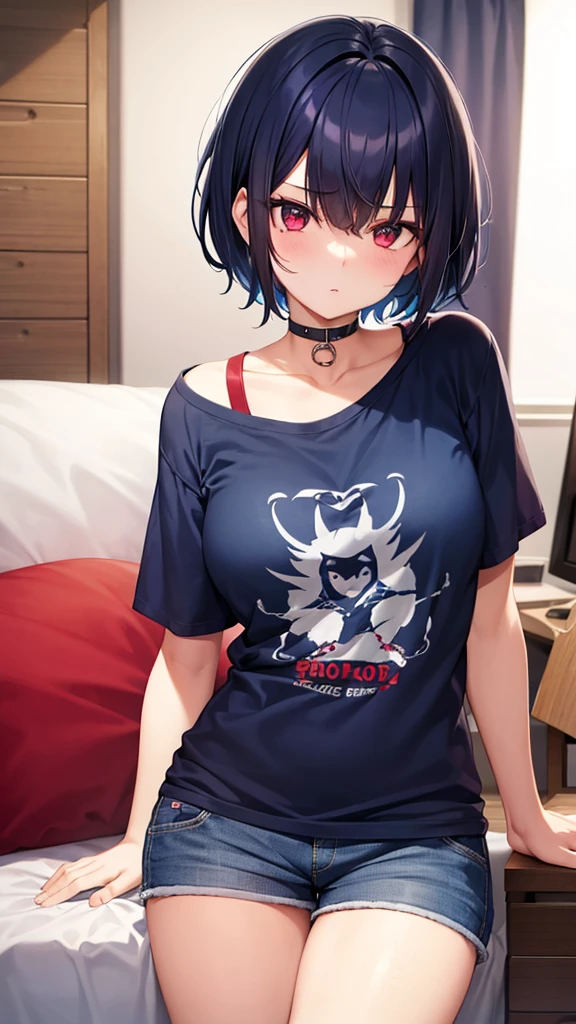 A girl with short dark blue hair with red eyes and a t-shirt and shorts in a modern apartment