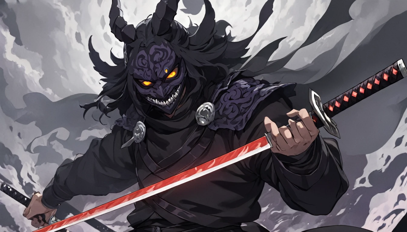 demon mask, sword on the hand,close up, black heavy detailed clothes, hand katana, art, dark and malevolent, hand sword, armor, powerful and intimidating, (masterpiece, best quality, ultra-detailed, best shadow), (detailed background, dark fantasy) dramatic light, intricate details, dark and malevolent, powerful and intimidating, Dark and foreboding, malevolent force, sinister and chilling, armor, high detailed background, girl in demon slayer art, demon slayer art style, epic anime art, God death