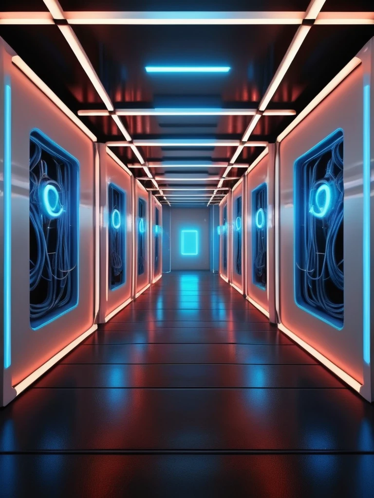 room, con neones bluees, infernal themed futuristic background image, cables hell neon, symmetrical image, hell, White wall, negro, blue