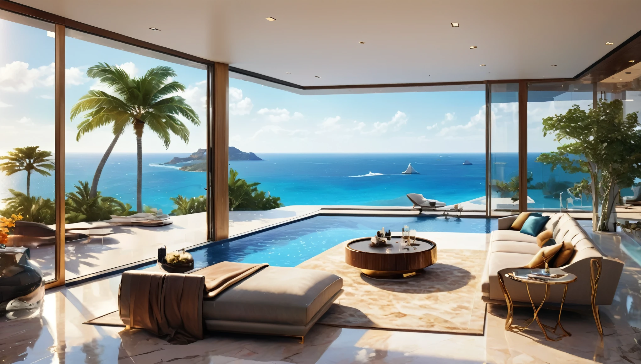 A modern luxury mansion with an infinity pool overlooking the ocean, floor-to-ceiling windows, and a sleek, luxury interior design. hyper realistic photo, 16k, vibrant colors