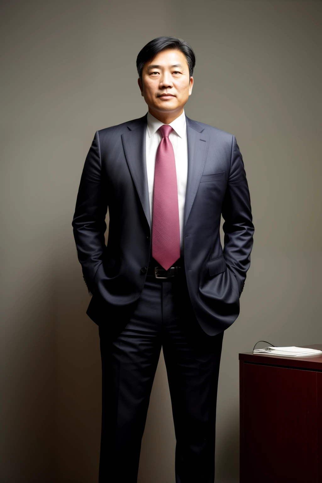 A masterful Portrait of a 48-year-old Asian Man standing tall at 166 cm, with a harmonious weight of 61.7 kg. He exudes an aura of confidence and approachability, donning a fitted business suit, complemented by a neutral-toned tie. The backdrop is a pristine, uncluttered office setting or a solid, non-distracting color, creating a professional and polished atmosphere. The lighting is naturally soft yet flattering, illuminating his figure and adding a touch of sophistication to the overall composition. This analog photograph is a testament to modern fashion, a hyperrealistic masterpiece that is trending on Art