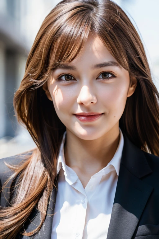 table top, highest quality, realistic, Super detailed, finely, High resolution, 8k wallpaper, 1 beautiful woman,, light brown messy hair, wearing a business suit, sharp focus, perfect dynamic composition, beautiful and detailed eyes, thin hair, Detailed realistic skin texture, smile, close-up portrait, model body shape