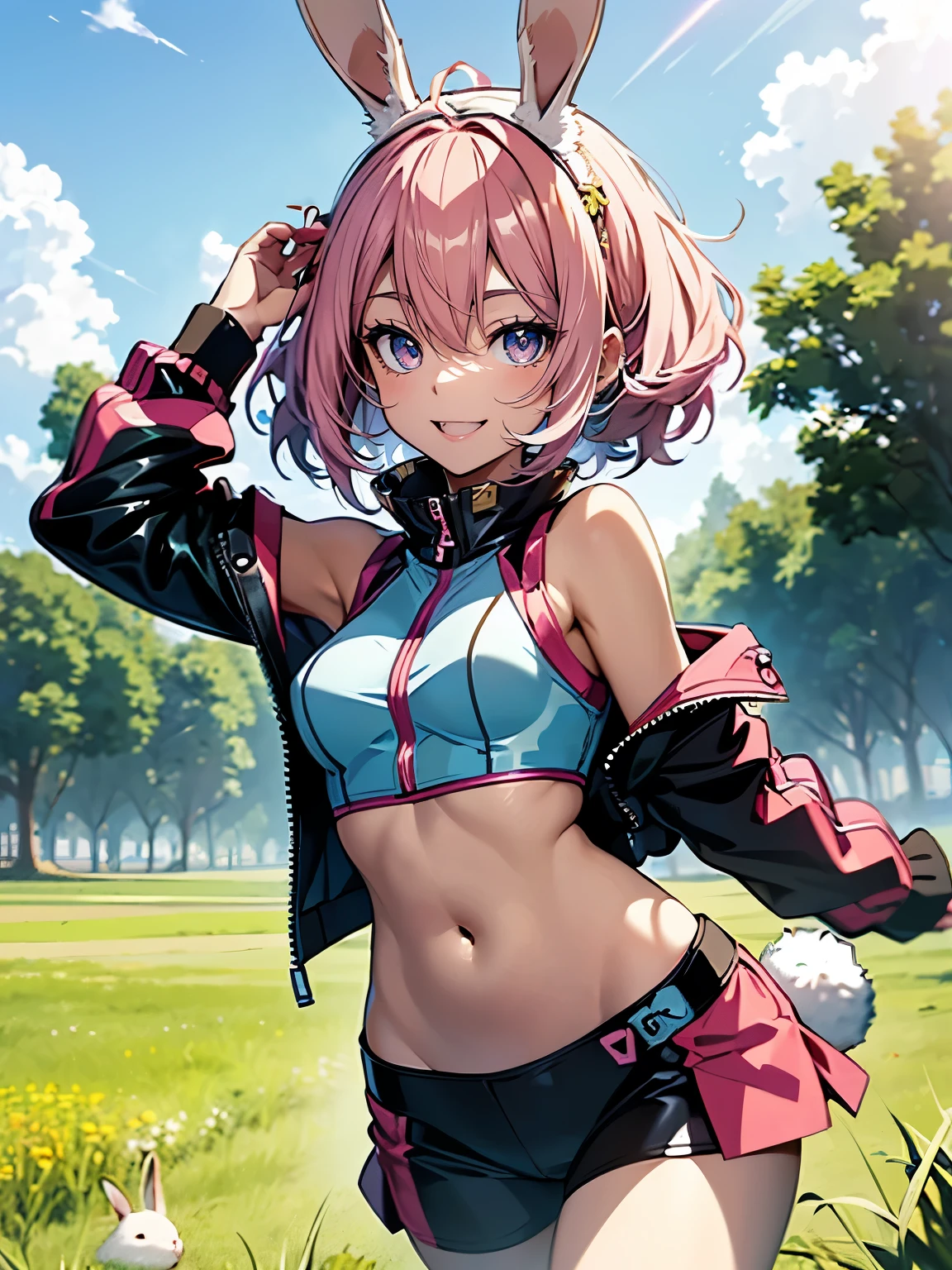 ((Seductive Anime Girl:1.3, solo:1.5))、((teenage girl:1.2))、((fusion of rabbit and girl:1.4))、((happy smile:1.3))、energetic、((pink color, leather clothes))、((Being in grassland:1.3)), erect nipples、((jumping:1.3))、((open clothes:1.2))、((crop top navel:1.2))、((small breasts))、((sleeveless:1.2))、((Glossy realistic skin texture))、masterpiece, ultra-detailliert, 8k, hiquality, Top image quality, digitial illustration, Smooth texture