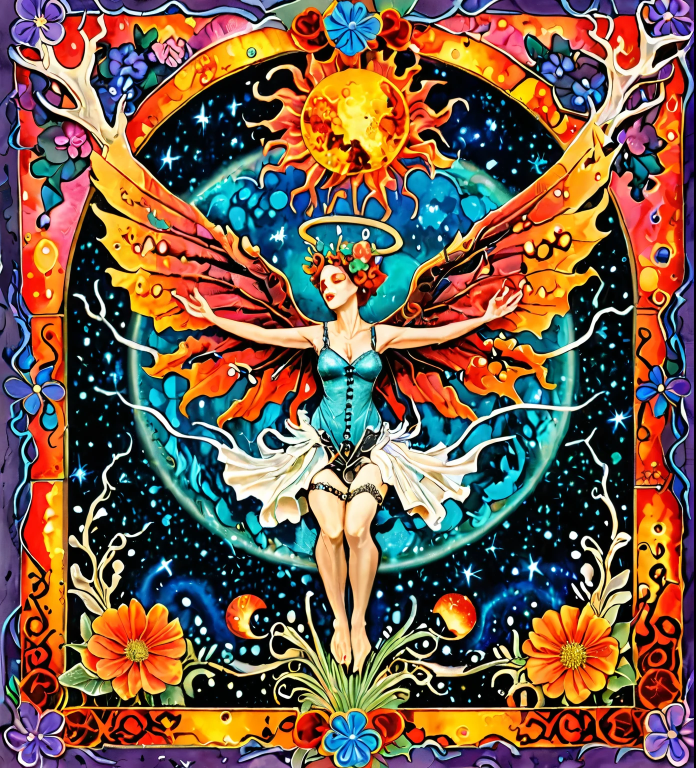 Kay Nielsen and Harry Clarke and Howard Pyle illustration of an aging female angel with solar punk antlers, emerging from an embryonic nebula in colourful iridescent liquid, a rising phoenix bathes in cosmic fire, where flowering plants are floating blue sky background,  old fashion steampunk television set, psychedelic, decorated by mushroom and floral calligraphic Art Nouveau flourishes   