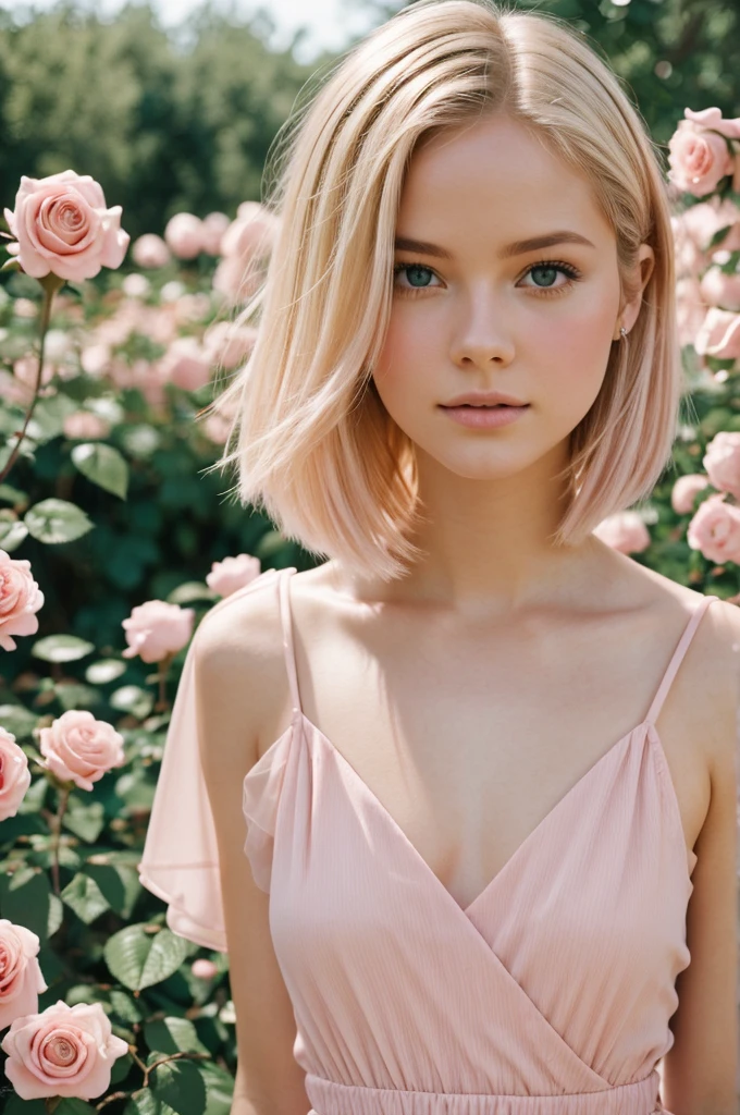 8k, photo and gross, fujifilm, Style photography of a beautiful young girl like Avril in a light pink rose garden. (very detailed skin: 1.2) Style-Petal BREAK short hair, blonde hair with colored highlights, wearing a dress, film grain, 35mm, beautiful style