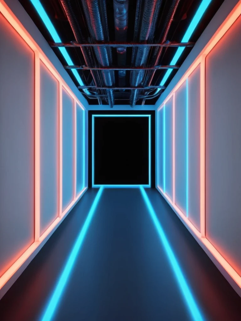 empty room, webcam view, pared, Futuristic background image with hell theme., cables hell neon, symmetrical image, hell, White wall, negro, Blue, study.