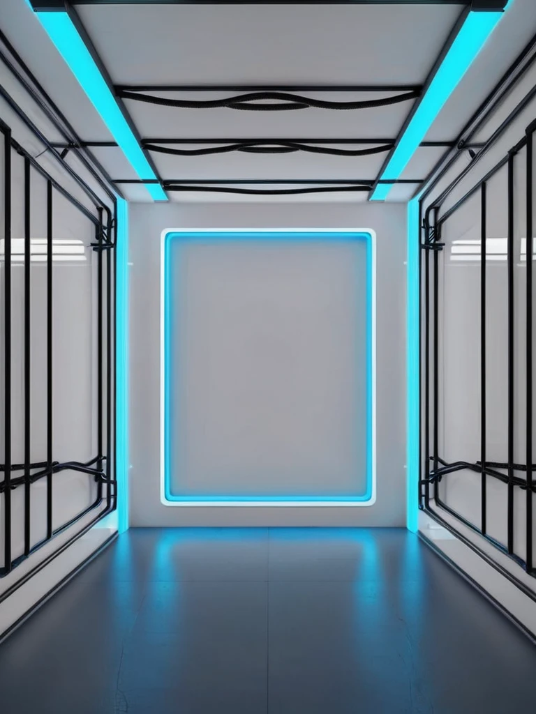 empty room, webcam view, pared, Futuristic background image with hell theme., cables hell neon, symmetrical image, hell, White wall, negro, Blue, study.