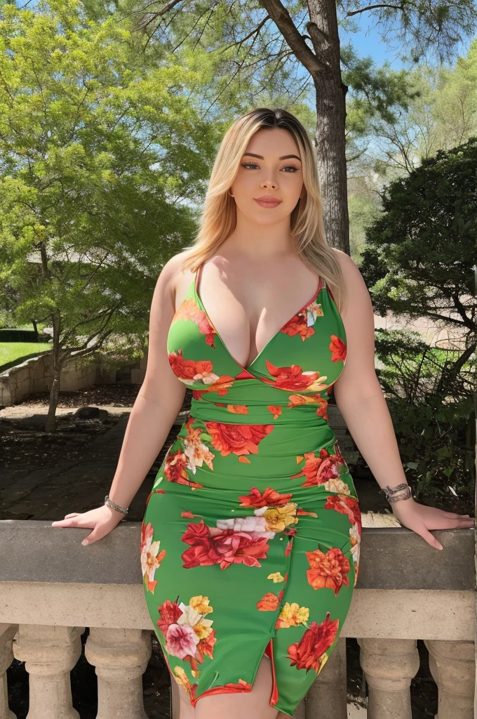 "Desenhe uma imagem realista de uma mulher em um jardim. She is wearing a short floral dress that highlights her curvy figure. The woman's skin is extremely realistic and seems to be glowing, illuminated by the rays of the sun piercing through the leaves of the surrounding trees. Certifique-se de destacar especialmente a bunda da mulher, which is round and large, de forma natural."