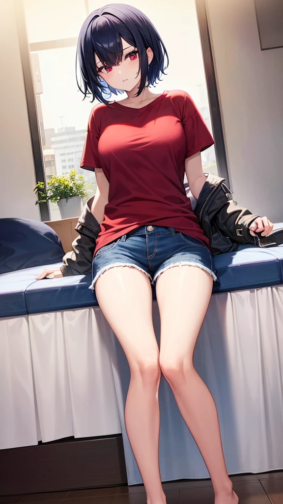 A girl with short dark blue hair with red eyes and a t-shirt and shorts in a modern apartment