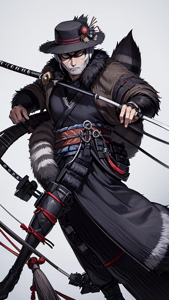 The wild raccoon man wears a ronin uniform and a straw samurai hat.